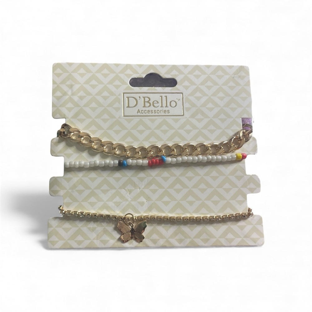 D'Bello 3 Piece Butterfly Gold and Beaded Bracelet Set